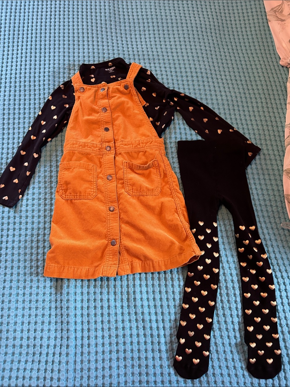 Old Navy Orange Corduroy Pinafore Dress with Black Heart-Print Top & Tights